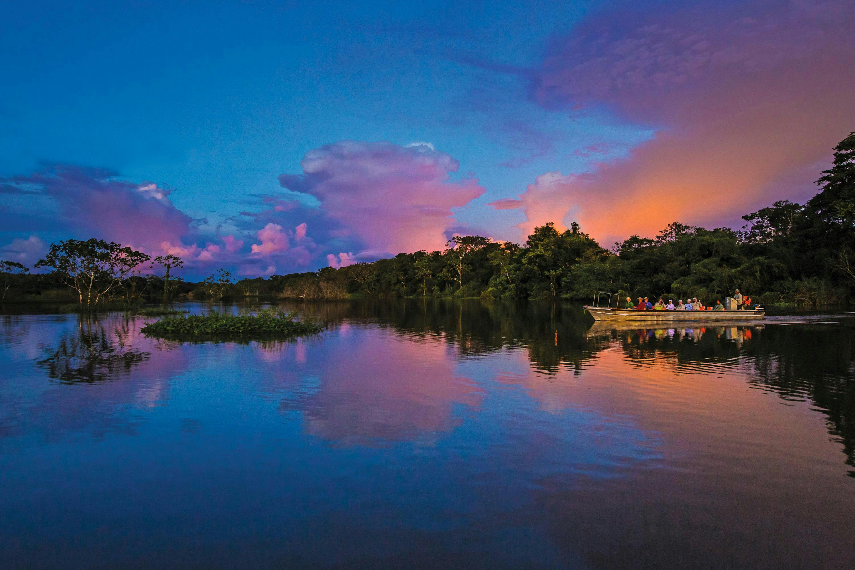 Skiff at Sunset, Reflections, Pacaya-Samiria National Reserve, Amazon River, Peru